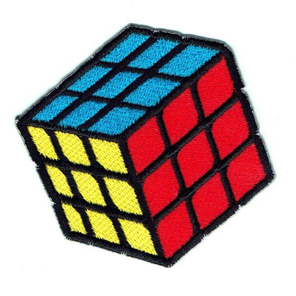 Rubix cube iron on embroidered patch showing blue, yellow and red sides