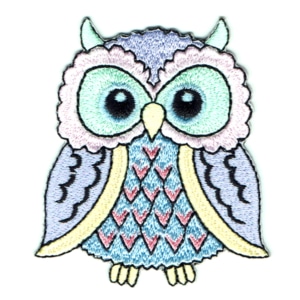 Pastel coloured embroidered iron on owl patch