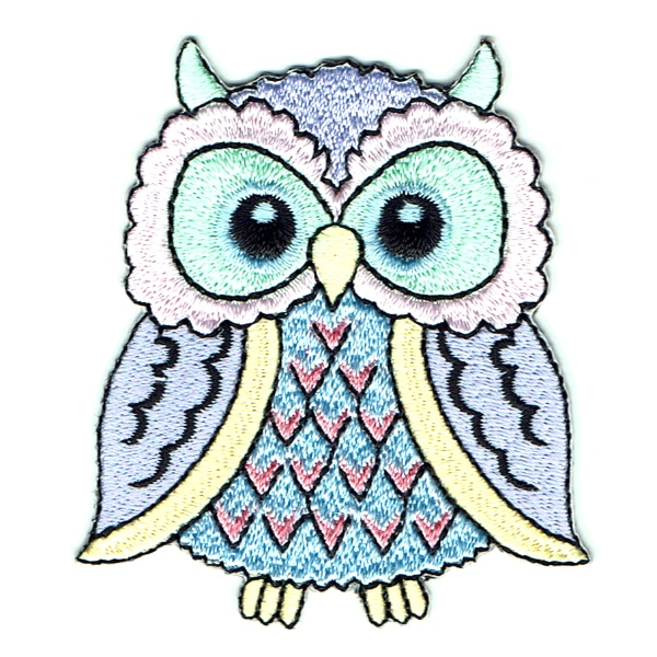 Pastel coloured embroidered iron on owl patch