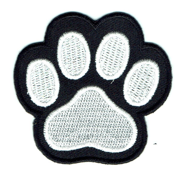 Animal paw print patch embroidered in black and white with iron on backing