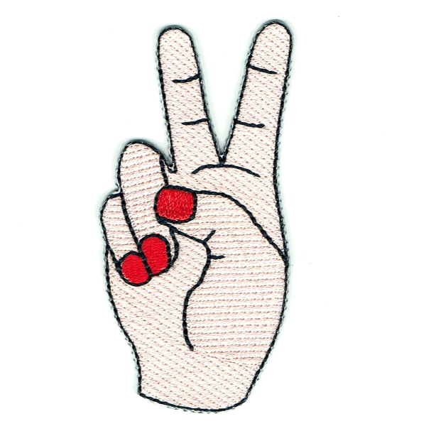 Embroidered iron on patch of a hand making the peace out symbol with red nail polish on the finger nails