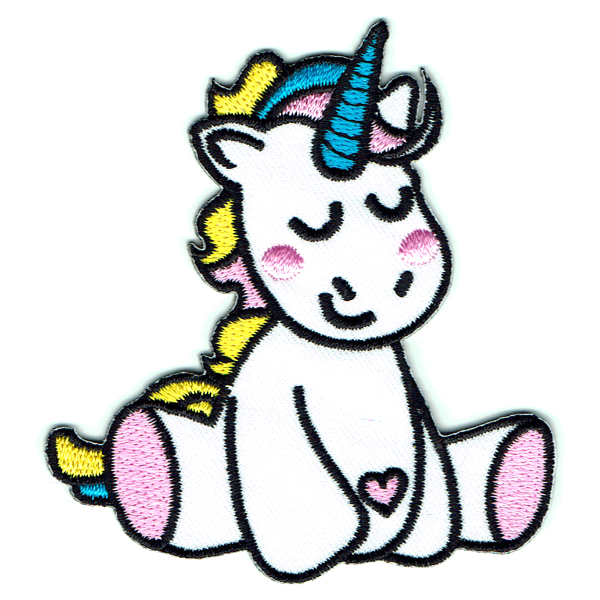 White fabric toy unicorn patch with iron on backing.