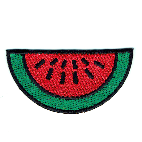 Embroidered patch of a watermelon slice in red, green and black with iron on backing