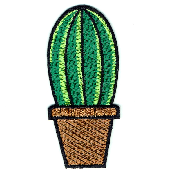 Embroidered green barrel cactus in a brown pot with iron on adhesive backing