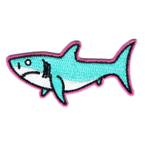 Embroidered light blue iron on shark patch with hot pink stitched edge