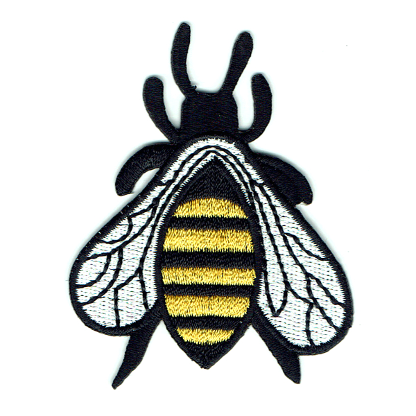 Embroidered black and yellow iron on honey bee patch with white wings