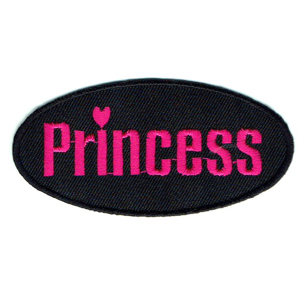 Black oval iron on patch with the word princess embroidered in hot pink stitching