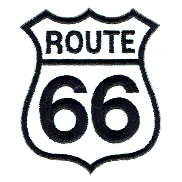 Iron on Patch of a black and white Route 66 sign