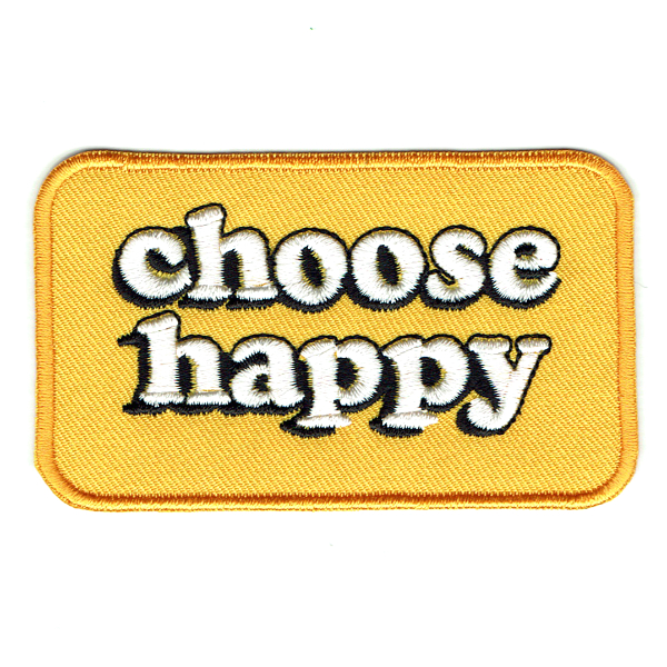Yellow rectangular iron on patch with the text choose happy written in white lettering