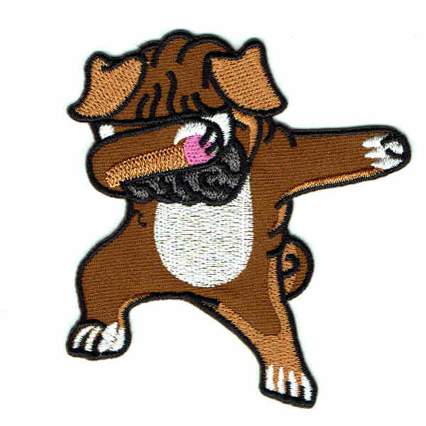 Embroidered brown pug patch in a dabbing pose