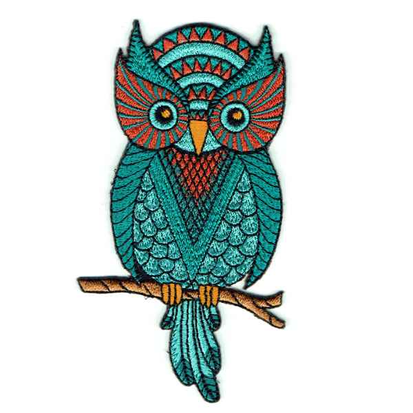 Iron on embroidered wise green owl patch on a branch