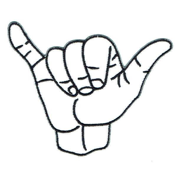 White embroidered iron on patch of the shaka hand symbol
