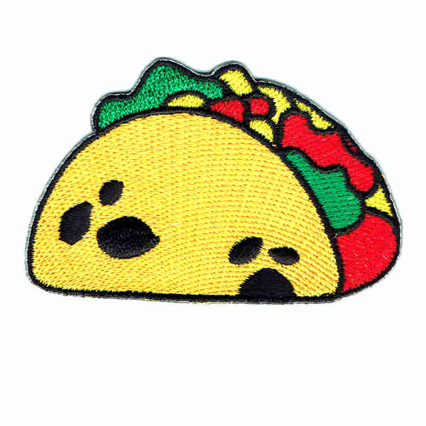 Iron On Embroidered Patch of a golden yellow taco shell filled with lettuce tomato and cheese.