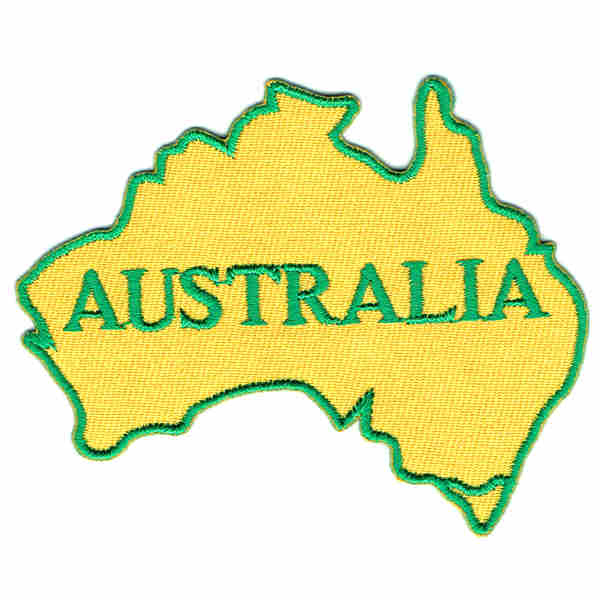 Embroidered Yellow Iron On Patch of an Australian Map with a green border and green writing with the word Australia