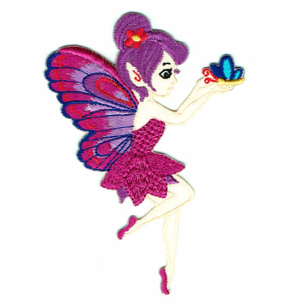 Iron on Patch of a fairy in a purple dress with purple wings holding a small blue butterfly