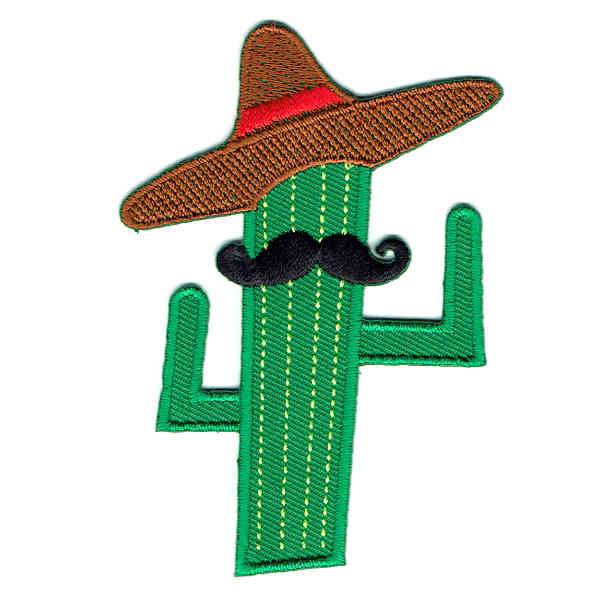 Green cactus iron on patch wearing a sombrero and detailed with a black moustache