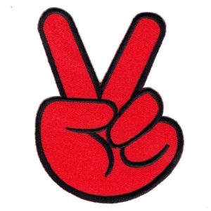 An iron on embroidered red hand making the peace symbol with two fingers