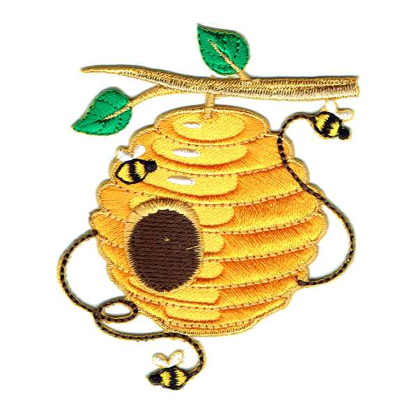 Yellow iron on bee hive patch hanging from a small branch featuring 3 small bees