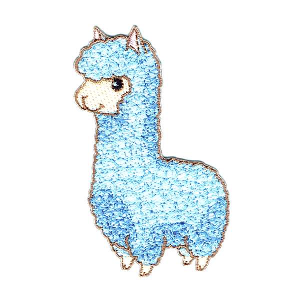 Embroidered Cute Llama Iron On Patch detailed in blue stitching