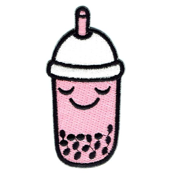 Pink Bubble tea iron on embroidered patch with embroidered smiley face on the front