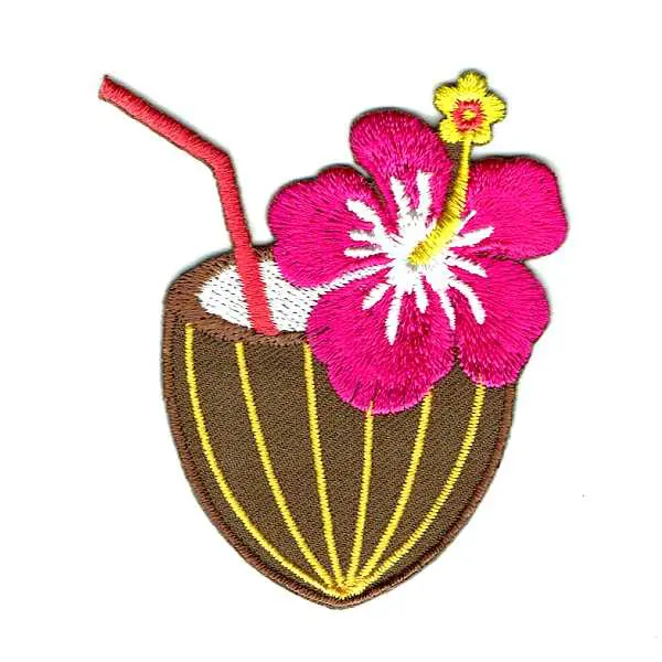 Coconut Cocktail Drink Iron On Patch with an orange straw and pink hibiscus flower