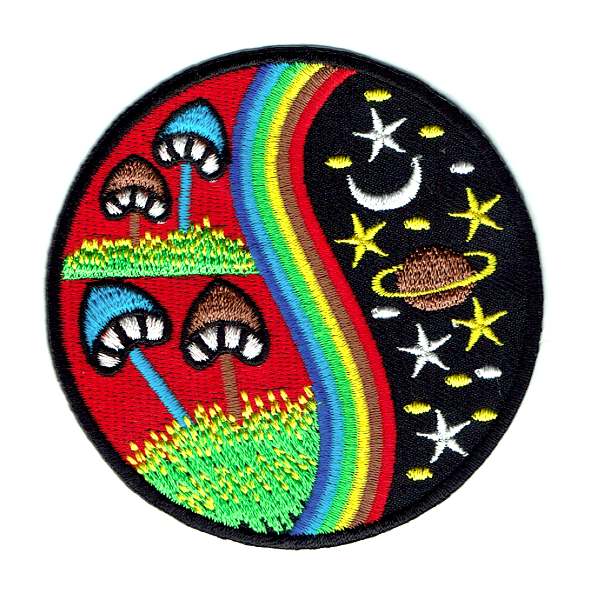 Round embroidered patch featuring mushrooms stars and planets cosmic hippie style patch