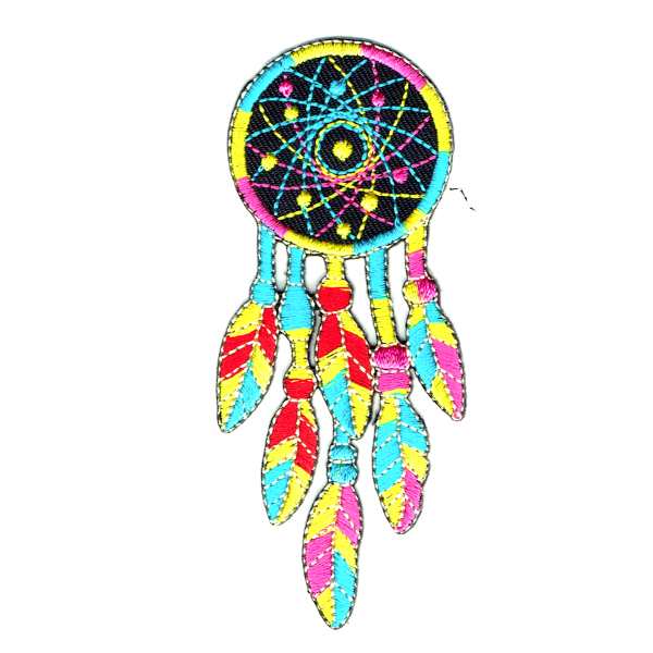 Iron On Embroidered Dream Catcher patch detailed in pink, aqua yellow and red.