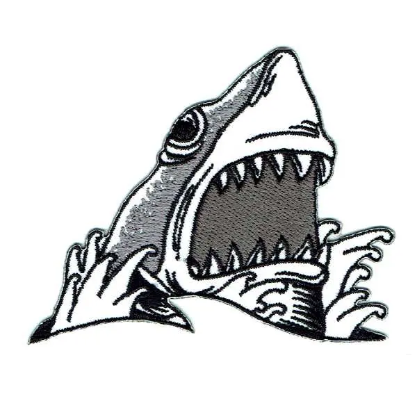 Iron On Patch of a great white shark head coming out of the water.