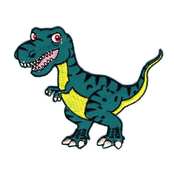 Iron on embroidered green t-rex patch with yellow tummy and a happy face