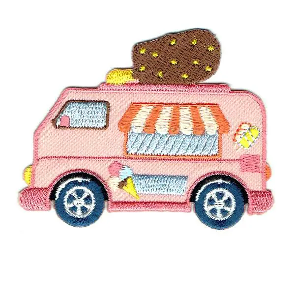 Pink Ice Cream Van Iron on Patch with a chocolate ice cream decoration on the top of the van