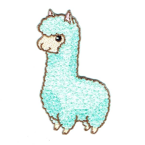 Embroidered Cute Llama Iron On Patch detailed in mint green stitching