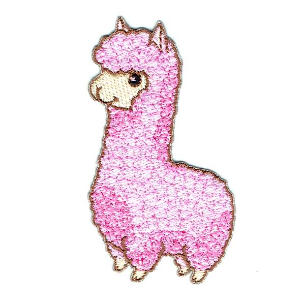 Embroidered Cute Llama Iron On Patch detailed in pink stitching
