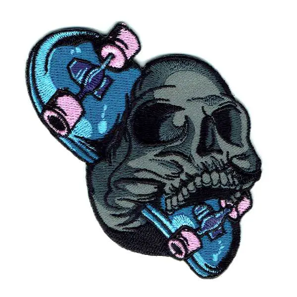 Skateboard Skull Iron On Embroidered Patch Blue skateboard with pink wheels and a grey skull