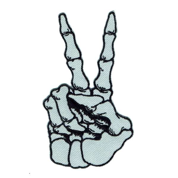 Grey peace out skeleton fingers iron on patch