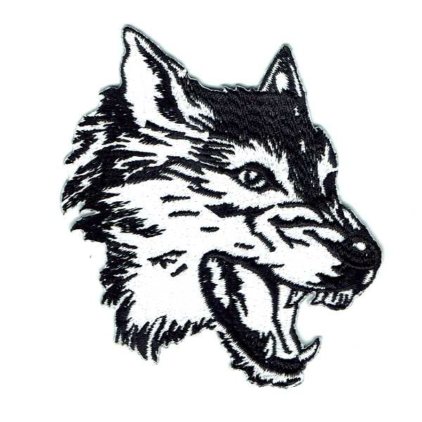 Black and White iron on wolf head patch showing his teeth