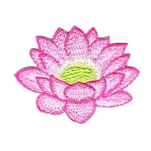 Lotus flower iron on patch with pink petals and a lime green centre