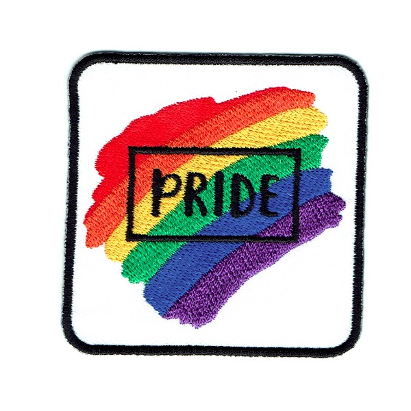 Square White Iron On Patch with Pride embroidered in the middle on a background of rainbow colours