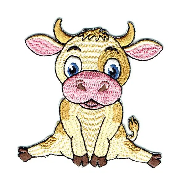 Iron On Embroidered Patch of a happy cow sitting down