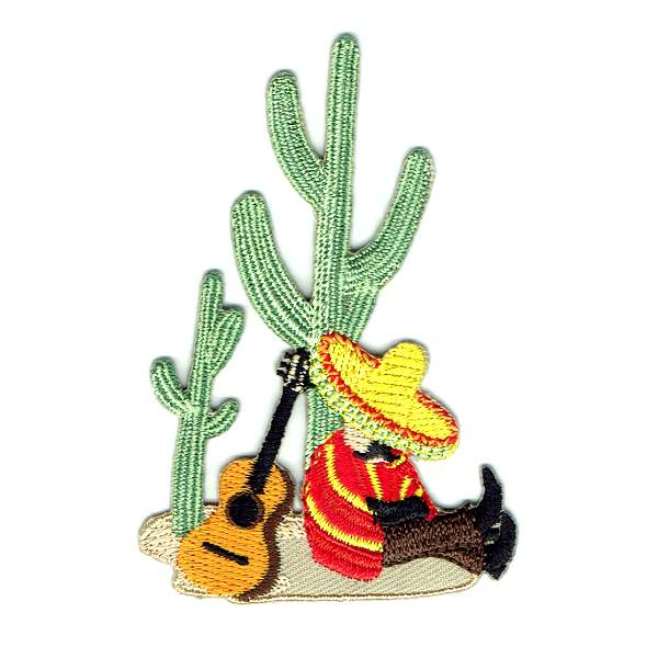 Iron On Embroidered patch of a man in a sombrero having a siesta next to a cactus with a guitar