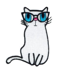 Iron On Embroidered Patch of a White cat with bright blue eyes wearing black galsses