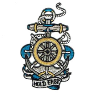 Iron On Embroidered Patch of an Anchor and Ships Wheel with the words hold fast embroidered at the bottom